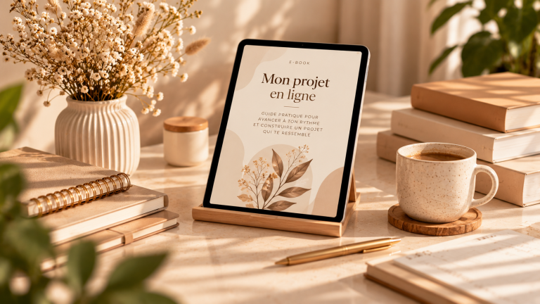 Tablette affichant un e-book sur un bureau beige avec des livres, un carnet et une tasse de café.
