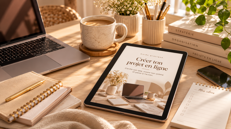 Espace de travail beige avec une tablette affichant un guide numérique sur la création d’un projet en ligne, un ordinateur portable et un carnet.
