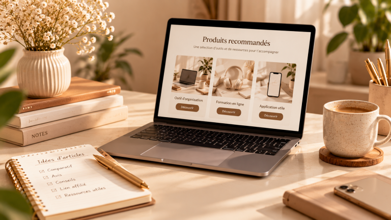 Ordinateur portable affichant une sélection de produits recommandés, avec un carnet d’idées d’articles et un stylo doré sur un bureau beige.