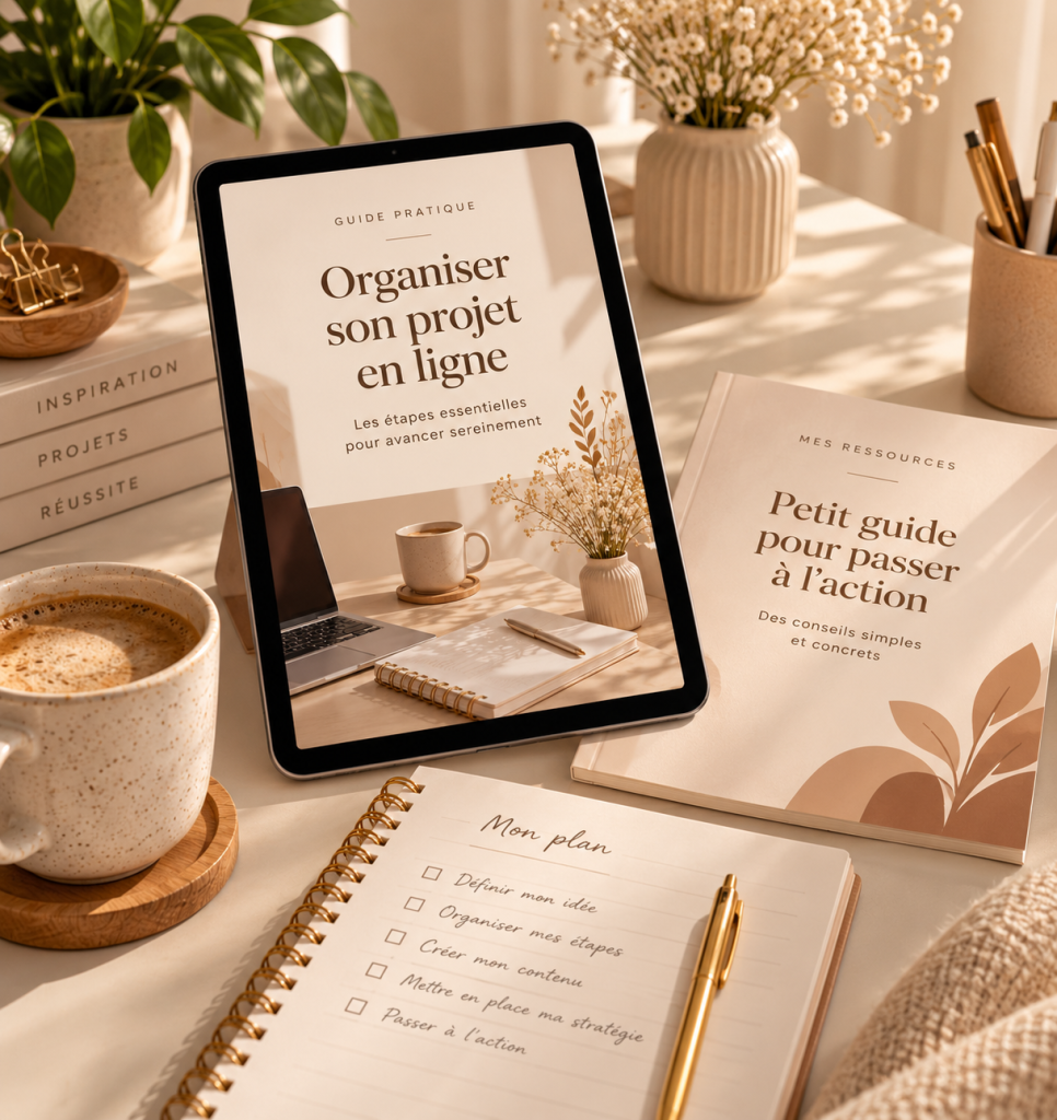 Ebooks et guides pratiques présentés sur une tablette et des carnets dans un espace de travail beige, avec un planner, un stylo doré et une tasse de café.