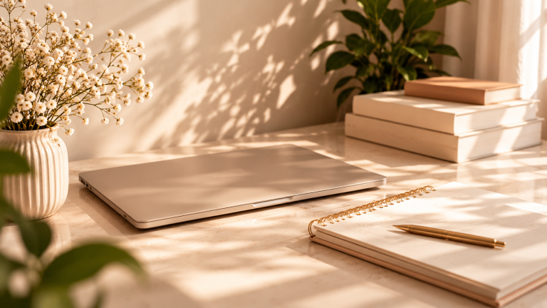 Espace de travail beige avec ordinateur, carnet et stylo pour préparer un projet en ligne.