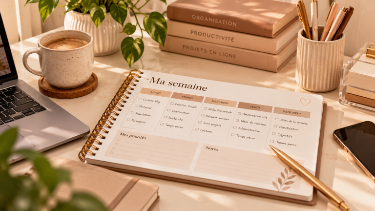Planning hebdomadaire ouvert sur un bureau beige avec liste de tâches, stylo doré, ordinateur portable et tasse de café pour organiser son projet en ligne.