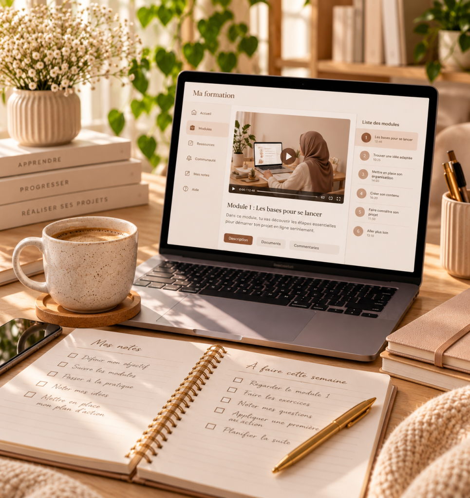 Ordinateur portable affichant une plateforme de formation en ligne avec des modules de cours, accompagné d’un carnet de notes et d’un stylo doré sur un bureau beige.