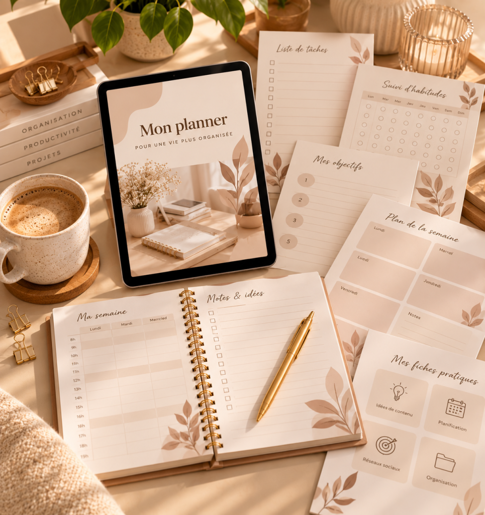 Tablette affichant un planner numérique entourée de fiches pratiques, d’une liste de tâches, d’un suivi d’habitudes et d’un cahier ouvert dans des tons beige et brun.